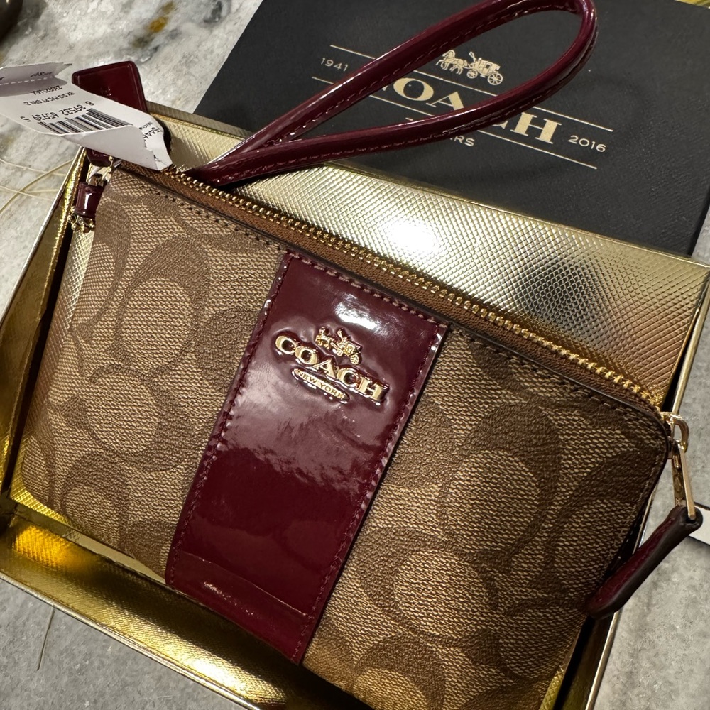 Coach Brown and Red Monogram Wristlet